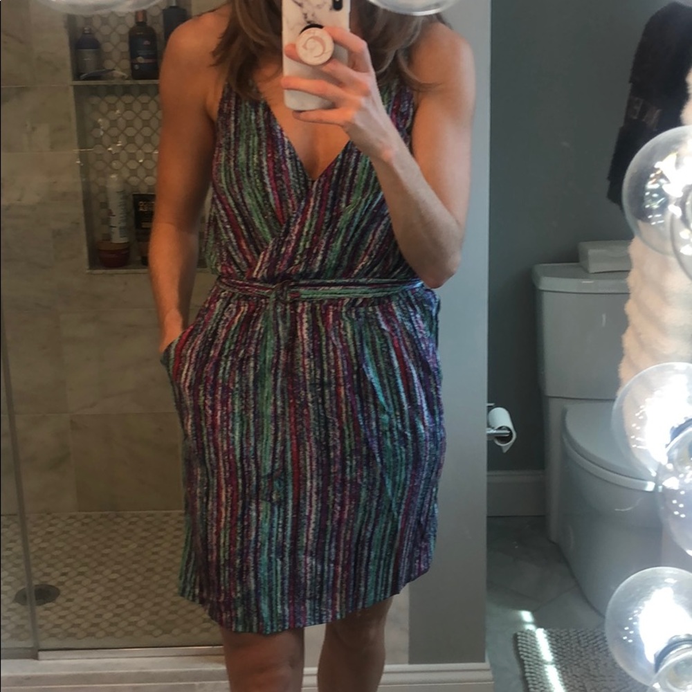 Multi colored silk dress with built in belt.